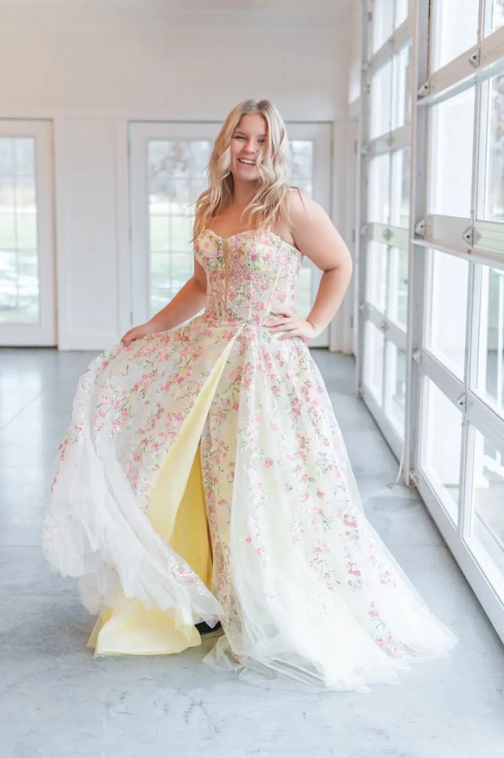 M2 Model wearing a prom dress