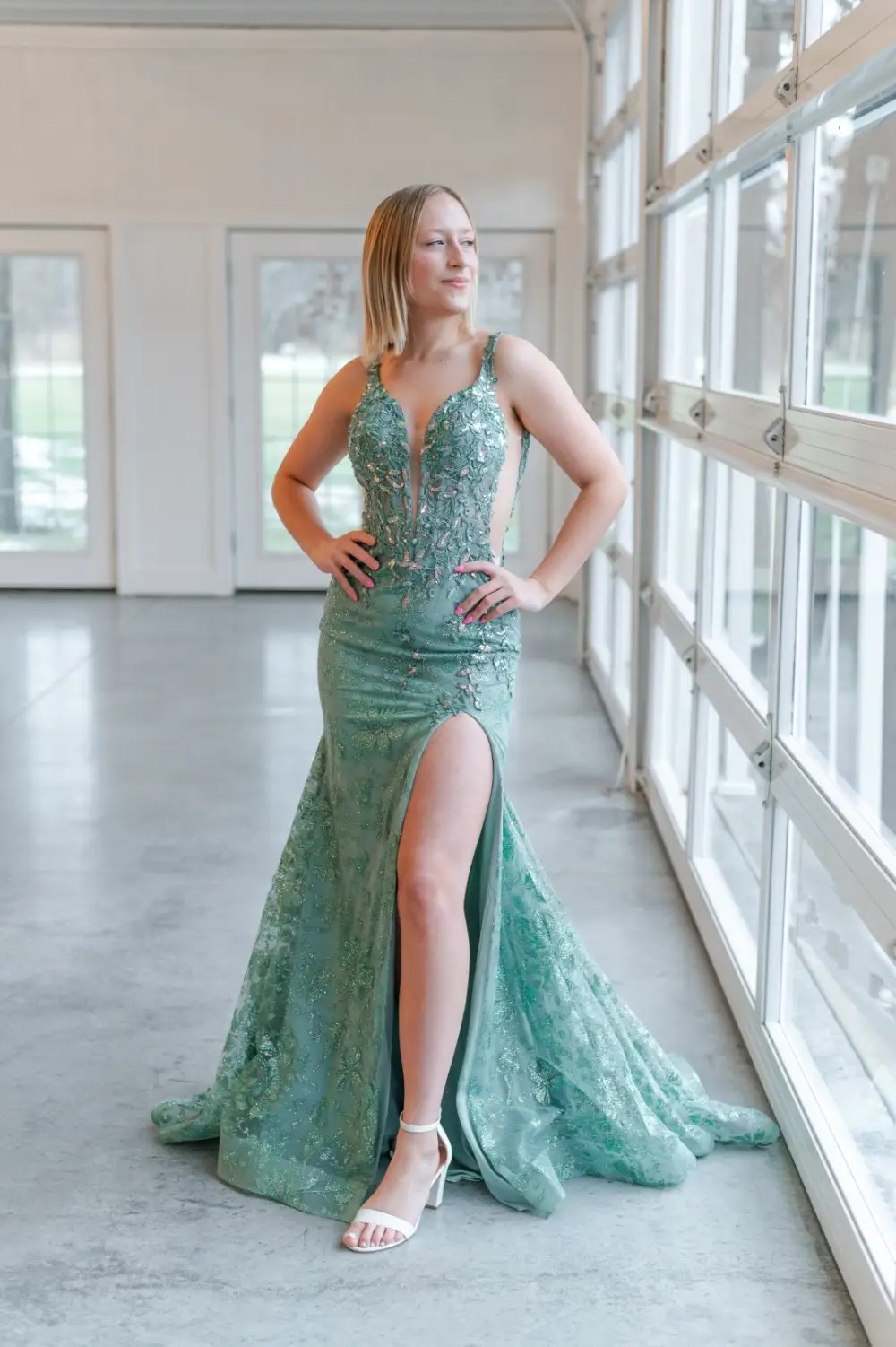 M2 Model wearing a prom dress