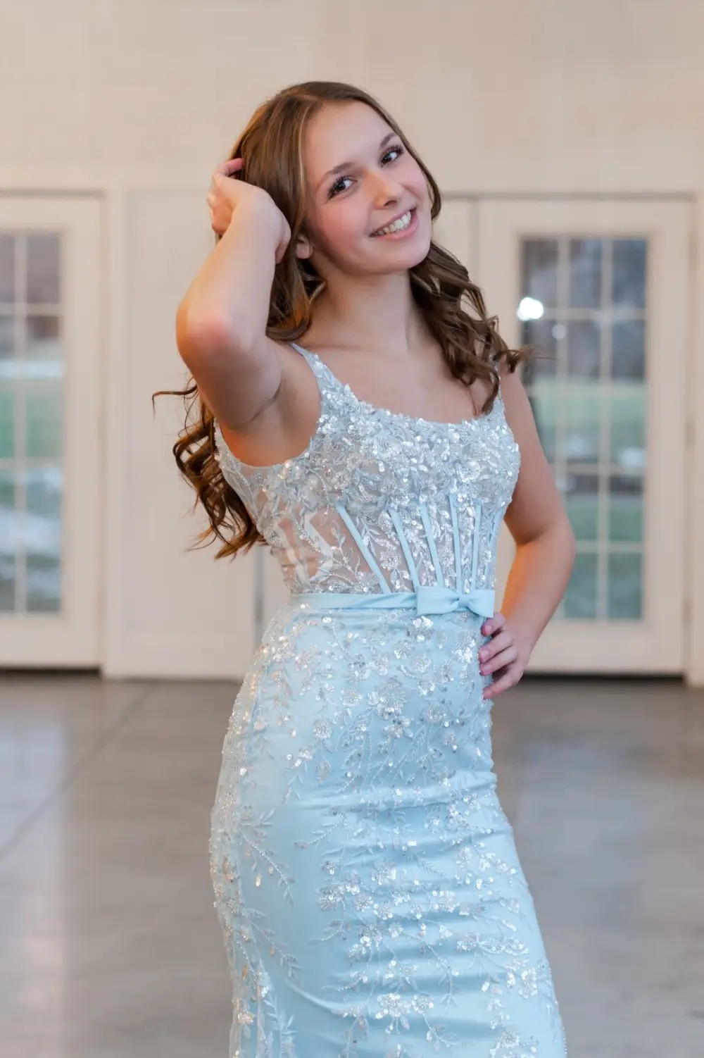 M2 Model wearing a prom dress